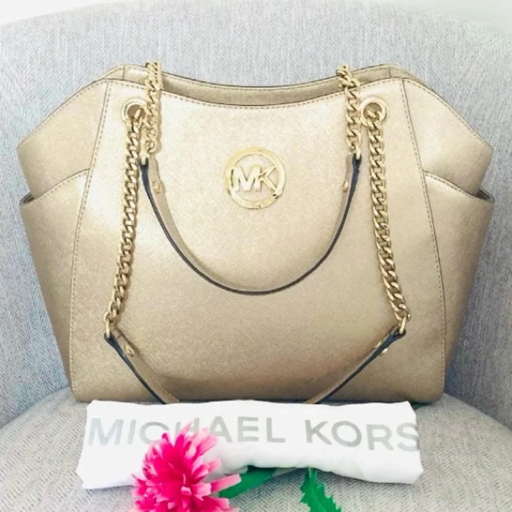 Michael Kors Saffiano Leather Gold Chain Tote Bag